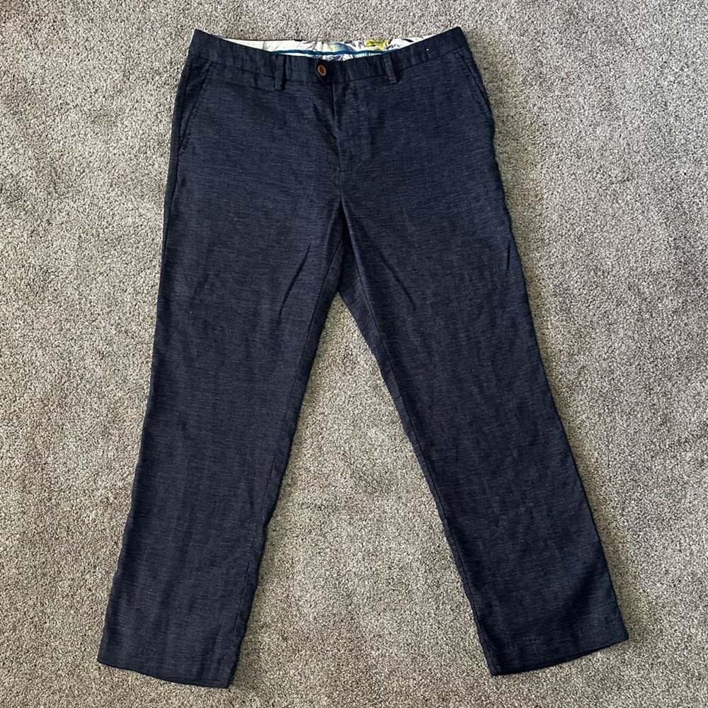 Tommy Bahama | Flat Front Navy Herringbone Linen Blend Dress Slacks 36/30